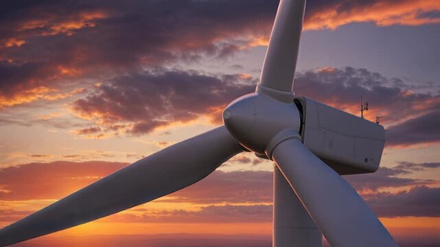 Close up of wind turbine against colorful sky during beautiful sunset with clouds and vibrant light