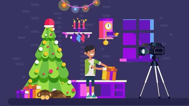 2D Animated Child Opening Christmas Present by Decorated Tree Recorded on Camera Vlog Flat Vector Animation Footage