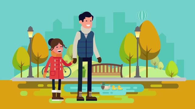 2D Animated Father and Daughter Walking Together Hand in Hand in Autumn City Park Flat Vector Character Animation Footage