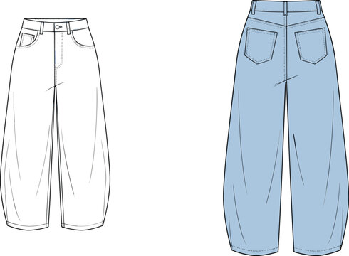 Women wide leg barrel jeans technical flat sketches apparel templates pack including front and back views denim pants vector line art