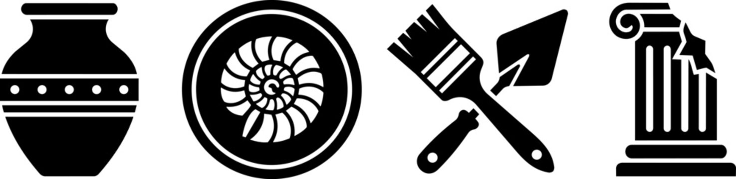Archaeology and paleontology icons set featuring clay pottery, fossilized ammonite shell, excavation tools and ancient broken pillar and icon
