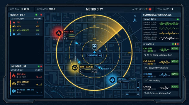 Futuristic city surveillance dashboard with radar interface and emergency incident tracking system.