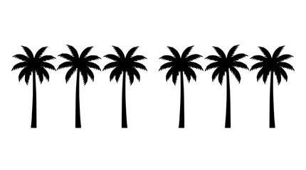Fototapeta premium Six Palm Trees with Black Silhouettes on a White Background Featuring Tree, Silhouette, Tropical with Beach and Minimalist