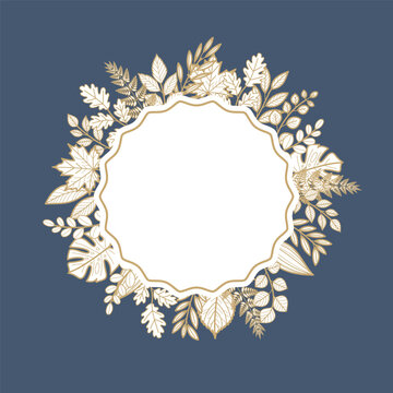 Leaf-shaped label border, vintage element, gold lines.