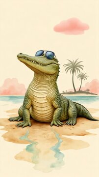Cartoon croc with sunglasses and a beach setting.