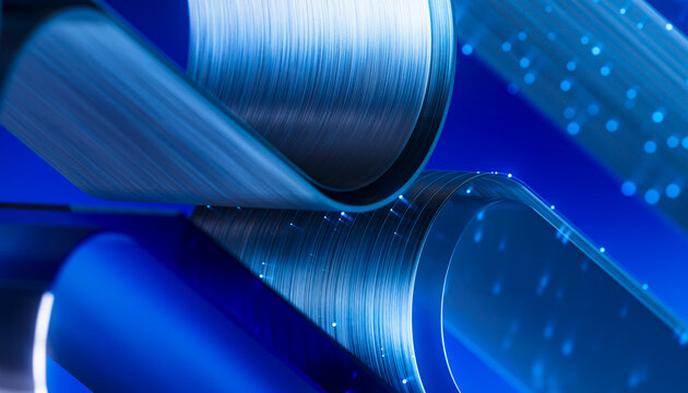 3D glowing fiber junction connecting layered blue curves.