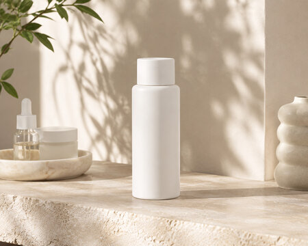White bottle on stone surface with plant