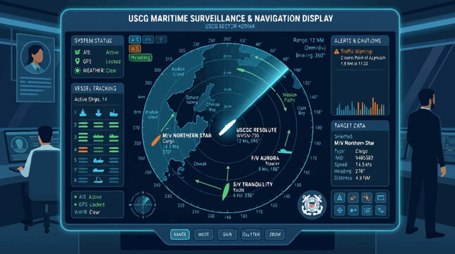 Digital maritime surveillance and navigation control center interface with radar display and vessel tracking data.