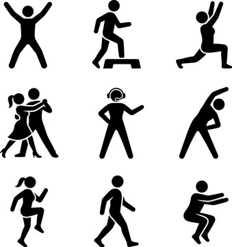 Selection of fitness icons featuring people in workout poses dancing step training aerobics and instructor guidance on transparent background for sports design.