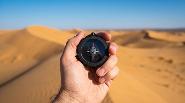 Hand holding a magnetic compass against a backdrop of vast desert sand dunes to symbolize the pursuit of adventure, navigation, and finding one's true direction in life through exploration.
