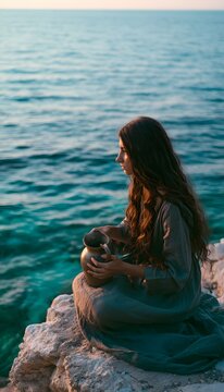 Serene coastal moment a woman finds peace amidst rocky cliffs and turquoise waters