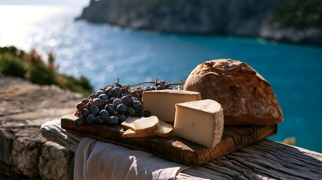 Mediterranean Feast A Rustic Table Overlooking Turquoise Waters Bathed in Warm Sunlight Lifestyle Image