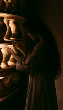 Ancient Vessels Reverence A Young Woman&rsquo;s Gentle Touch in a Dimly Lit Museum Space