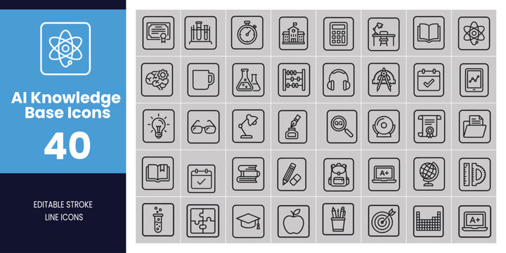 Ai knowledge base icon set 40 editable stroke line icons for education and technology