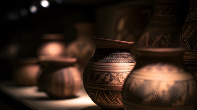 Ancient pottery&rsquo;s intricate patterns glow softly within a museum display case evoking timeless artistry