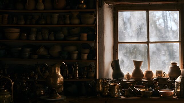 A craftsman&rsquo;s workshop glows with antique brassware and handmade ceramics artistry