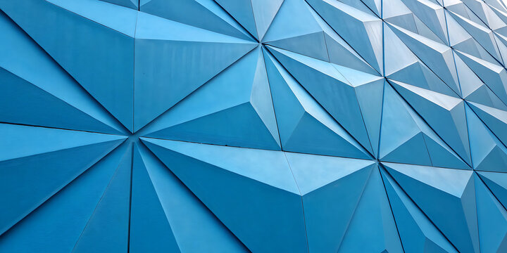 Blue triangular metal architectural cladding panels closeup