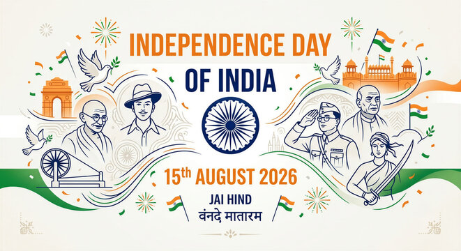 Happy Independence Day India 15 August 2026 Celebration, National Holiday, Jai Hind, Vande Mataram, Indian Symbols, Freedom