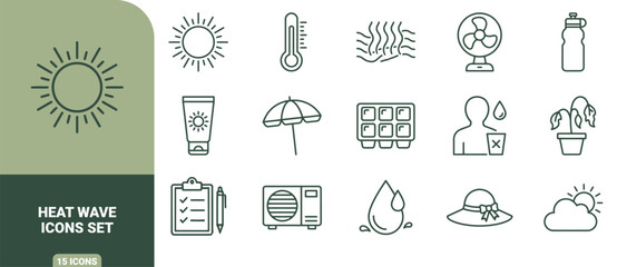 Fototapeta premium Heat wave icons set featuring sun, thermometer, fan, sunscreen, beach umbrella, ice cube tray, air conditioner, water drop, and summer hat symbols