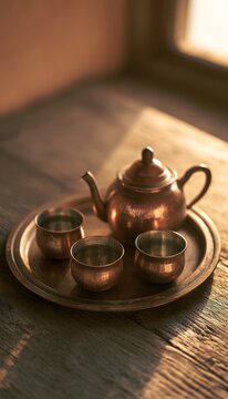 Warm Copper Teaware Set on Rustic Tray Evokes Cozy Traditional Craftsmanship Lifestyle
