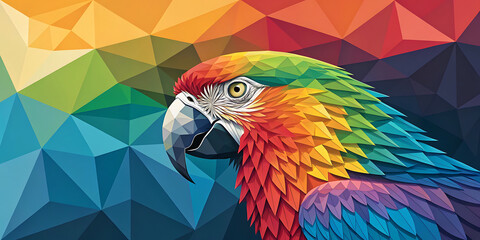Fototapeta premium Macaw parrot head profile against colorful geometric background