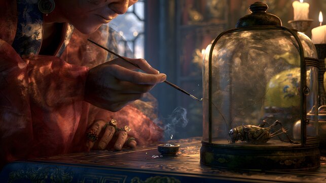 Ancient Nobleman's Gentle Moment Feeding a Cricket in Candlelit Silk Robes Portrait