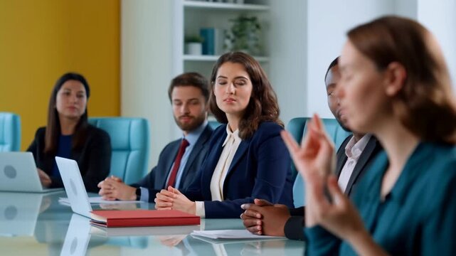 Female professional in blue blouse gestures while speaking during a business meeting with colleagues seated at a conference table in a modern office setting