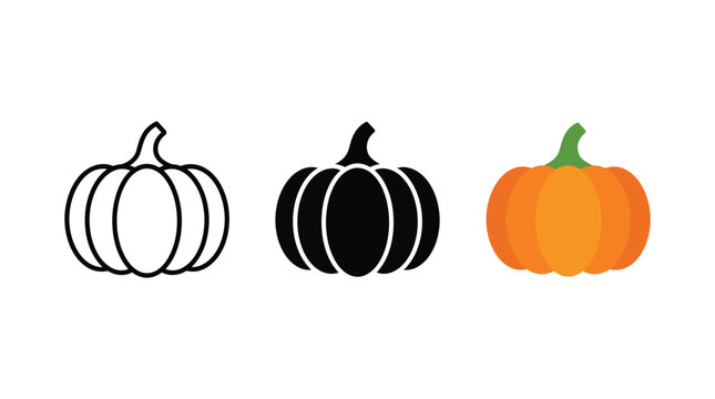 Set of three pumpkin icons with outline solid and flat colored design styles Vector