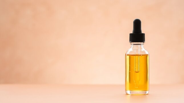 serum bottle with glass dropper standing on table against warm beige wall background