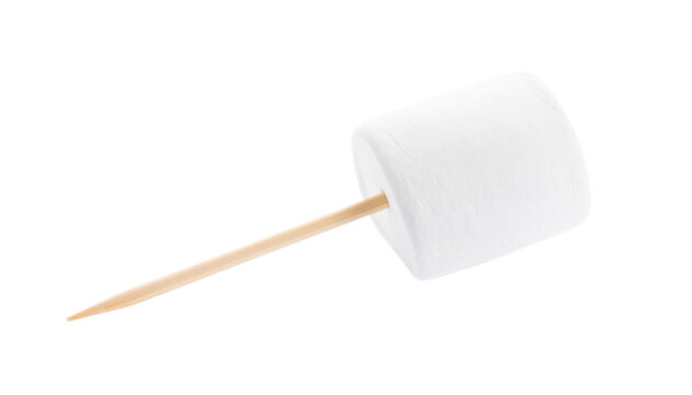 Single fluffy white marshmallow on a wooden skewer, isolated on transparent background