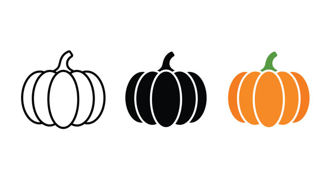 Set of three simple pumpkin icons in outline solid and colorful flat style Vector