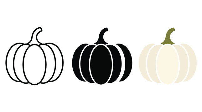 Three decorative pumpkin icons in outline solid and minimalist graphic styles Vector