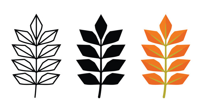 Set of three stylized leaf icons in outline black and orange flat designs Vector