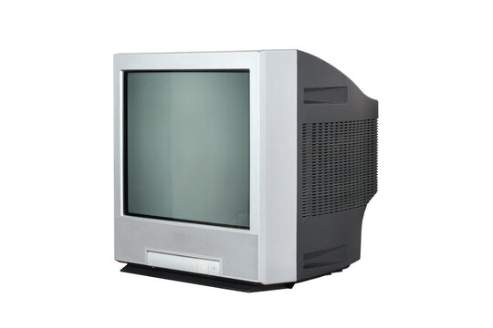  Old silver vintage TV set isolated on white background. 