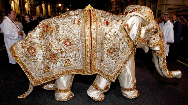Ornately decorated elephant in ceremonial procession wearing golden embroidery and mirror work fabric, warm ambient light