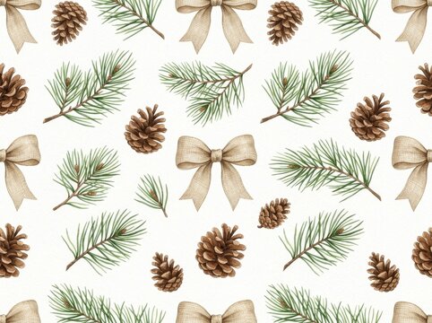 Seamless Watercolor Linen Bow, Pine Branch and Pine Cone Pattern