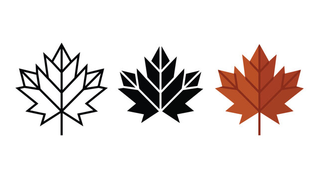 Set of three maple leaf icons in outline solid black and red flat design styles Vector
