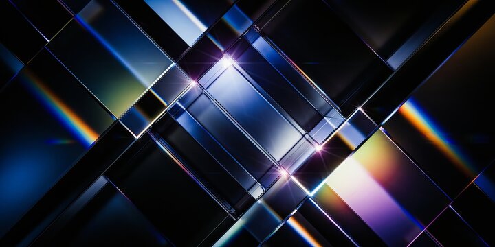 Abstract composition of intersecting glass blocks and rectangular prisms with sharp edges, reflecting light and creating rainbow prismatic flares against a dark, deep blue background