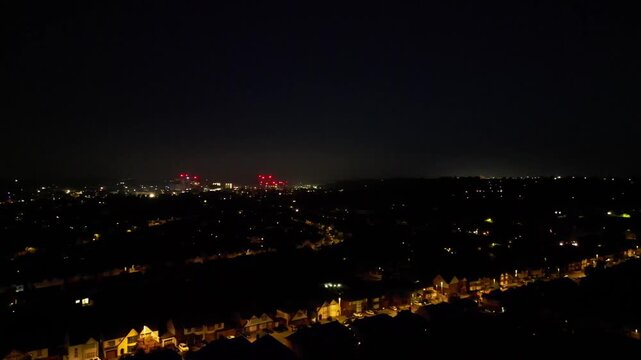 28th May, 2026. Ultra Wide Aerial View of Residential District of Luton City After Sunset Night with Clear Dark Sky. Drone Flight Above Urban City Streets of British City and Town of England Great Bri