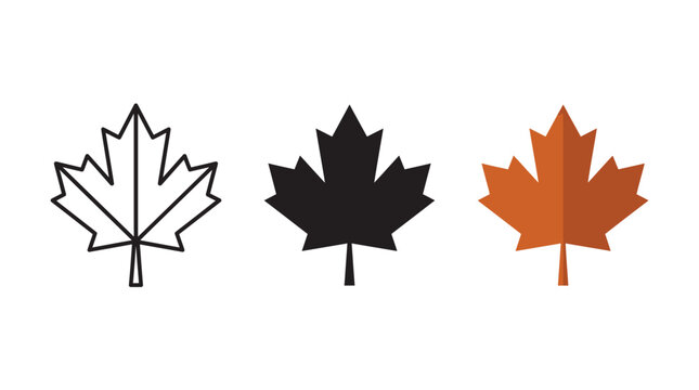 Set of three maple leaf icons in outline black and flat orange design styles Vector