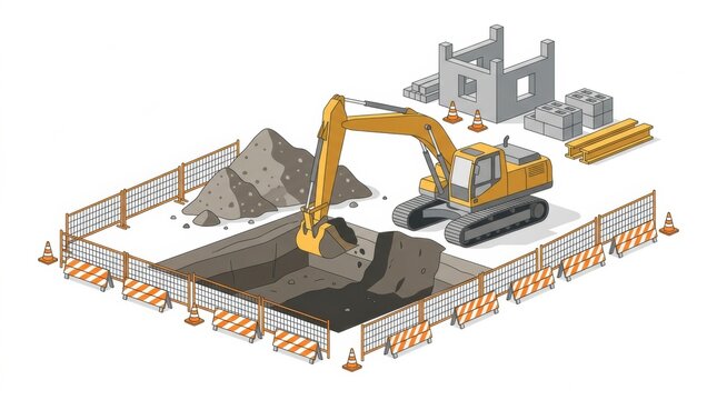 Workers operate a crane and dig foundation for construction at a busy site with safety gear and equipment in use.