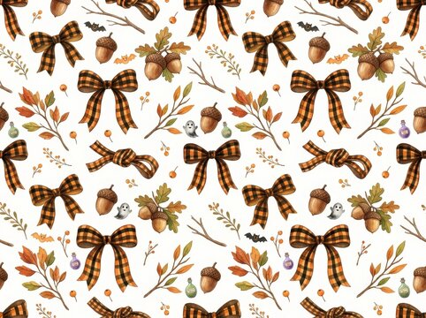 Seamless Watercolor Plaid Ribbon, Acorn and Twig Pattern
