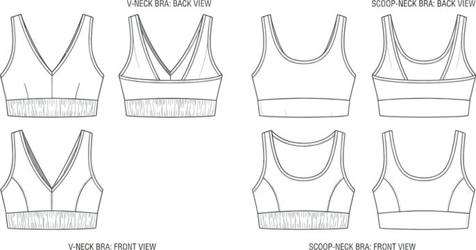 Technical flat sketch vector of v neck and scoop neck sports bras front and back view design template