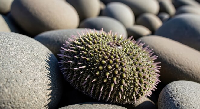 Spiky Sea Urchin Nestled Among Smooth Pebbles