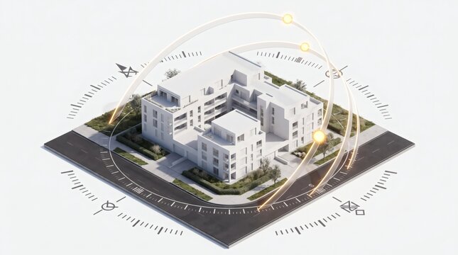 3D architectural sun path study diagram featuring a modern multi-story residential building complex with courtyard design, surrounding roads, perimeter greenery, and a compass rose.