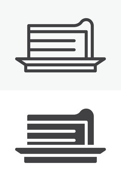 Cake slice icon set with layered dessert on saucer in line, outline and solid styles. Vector icon with editable stroke sign and symbol for cafe bakery menus.