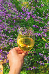 Obraz premium Wine in a lavender field. Selective focus.