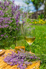 Obraz premium Wine in a lavender field. Selective focus.