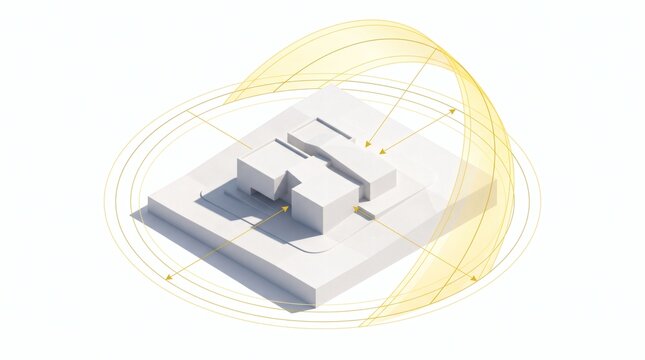 Minimalist 3D architectural solar analysis diagram featuring white conceptual massing building blocks on an isolated plot