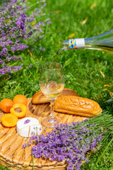 Obraz premium Wine in a lavender field. Selective focus.